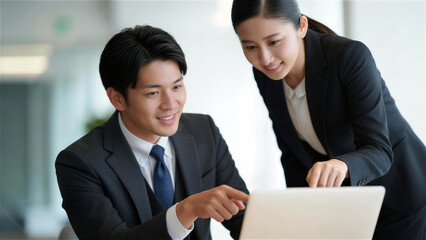スーツ姿でノートパソコンを囲み相談するビジネス男女