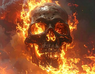 Close-up of a flaming skull, with dramatic lighting and smoke effects