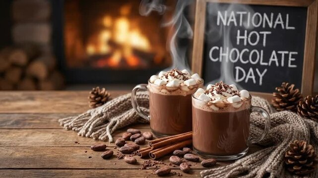 This inviting scene features two steaming mugs of rich hot chocolate, generously topped with fluffy marshmallows, creamy whipped cream, and delicate chocolate shavings. The warm beverages rest on a ru
