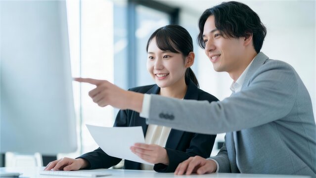 デスクトップ画面を指差して説明するビジネスパーソン