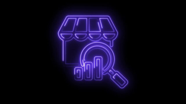 Neon store icon with magnifying glass over bar graph glowing purple on black background digital