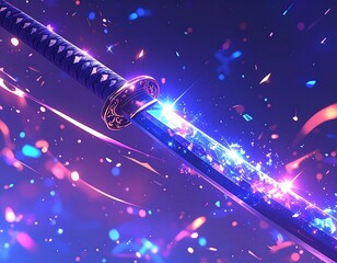 Close-up of a glowing katana amid particles