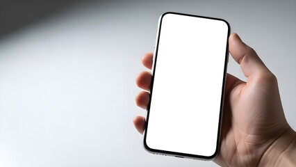 Hand Holding Modern Black Smartphone Mockup with Blank White Screen