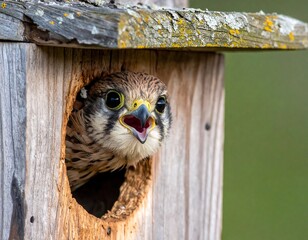 Close-up of a kestrel peering from its wooden birdhouse home