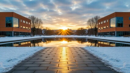 Snowy pathway leading to modern buildings at sunrise or sunset with reflective pool and warm lighting in winter landscape