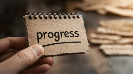 Hand holds notepad labeled “progress,” symbolizing motivation, goal setting, and personal growth