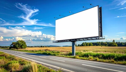 Fototapeta premium Large blank white billboard standing beside an empty asphalt road in a rural landscape under a blue sky with clouds, ready for advertisement.