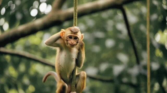 young monkey swings confidently from a thick green vine, laughing and energetic, but the vine bends more than expected. The monkey slips slightly, flails arms in surprise, video
