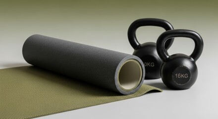 Essential fitness toolkit: Kettlebells, foam roller and yoga mat for exercise