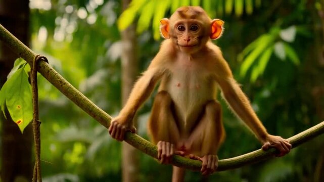 young monkey swings confidently from a thick green vine, laughing and energetic, but the vine bends more than expected. The monkey slips slightly, flails arms in surprise, video