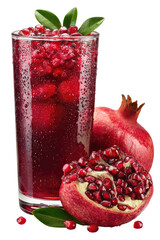 Elegant glass filled with fresh pomegranate juice whole pomegranate isolated on transparent background