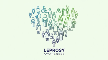 Leprosy awareness campaign with diverse people icons forming a heart shape on light green background