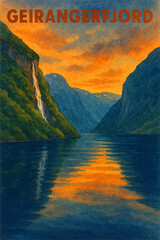 Geirangerfjord Travel Poster &ndash; Waterfall Reflections and Sunset Fjordscape