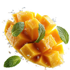 Fresh mango slices and chunks with mango leaves isolated on transparent background