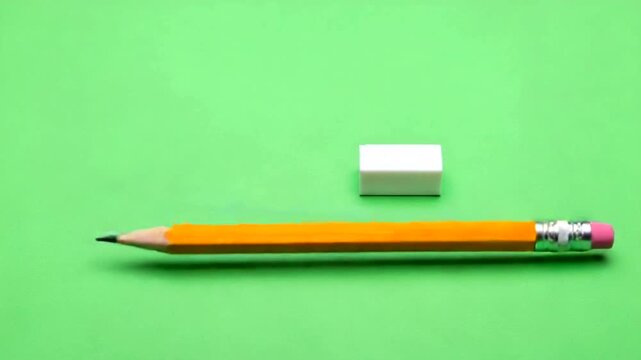 Orange pencil and white eraser on green background