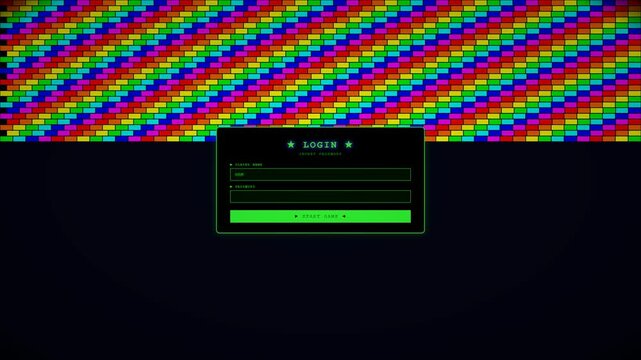 A colorful login window animation displays a system hacking scene. The screen features bright patterns while user input fields are visible. The setting suggests a digital environment.