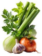 Front view of fresh vegetables celery onion garlic and carrots isolated on transparent background