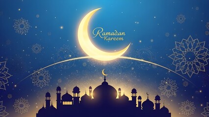 Ramadan Kareem Greeting Illustration with Golden Crescent Moon, Mosque Silhouette, and Starry Blue Sky