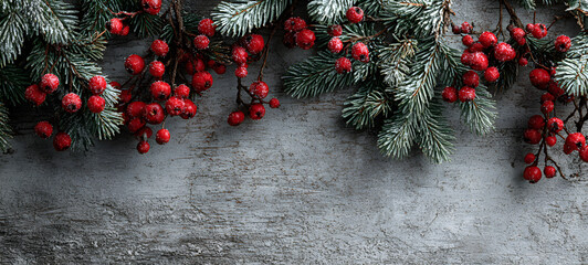 Christmas or winter background with a border of green and frosted evergreen branches and red berries on a grey vintage board. Flat lay