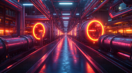 Create a neon lit depiction of a power plant