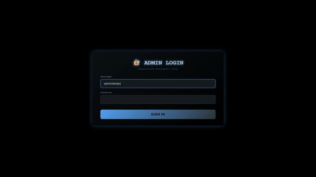 Animation displays a login window where a user can enter an administrator username and password to access a secure system. The scene emphasizes user interaction with the interface.