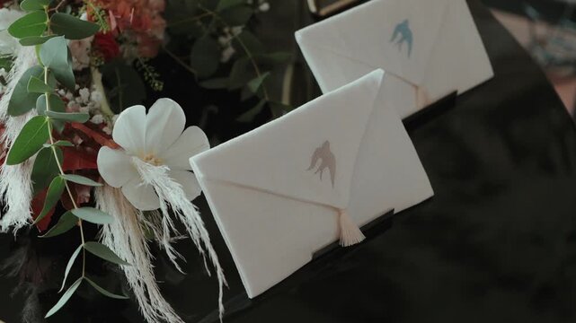 White envelopes with tassels placed near flowers for wedding decor