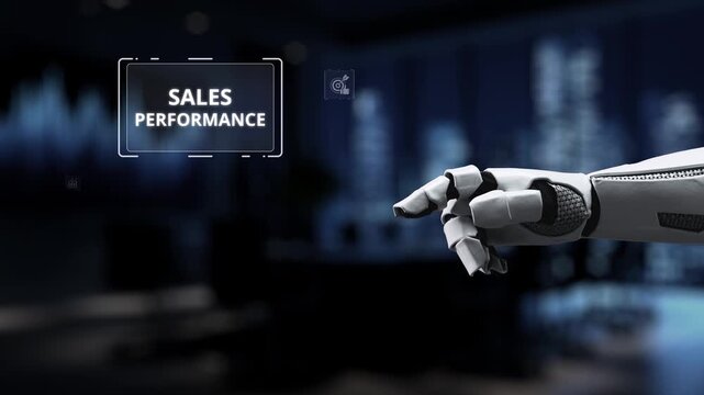 A futuristic robot hand interacts with digital icons representing sales performance metrics in a modern business environment, showcasing data analysis and insights. Synapse