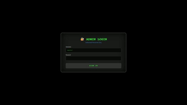 The scene shows a login window animation for an admin interface with password input. It indicates system hijacking activity in a dark setting with green visual elements.