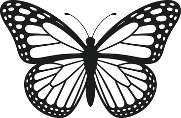Black butterfly silhouette with white spots and wing veins on a white background insect © MdImran