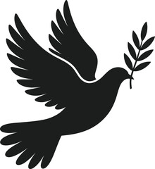 Black silhouette of a dove of peace with olive branch vector bird