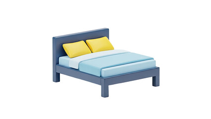 3D Blue Bed with Yellow Pillows Icon transparent background