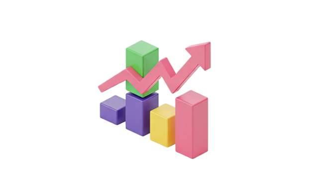 3D Bar Chart and Upward Trend Arrow Icon transparent background - Powered by Adobe