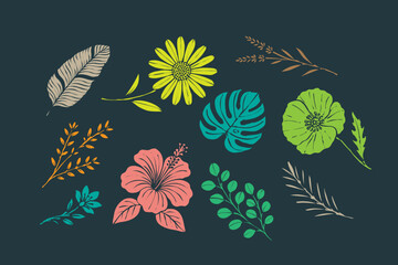 Vintage colorful botanical hand drawn floral and leaves collection vector illustration for invitation templates, packaging design or decorative elements