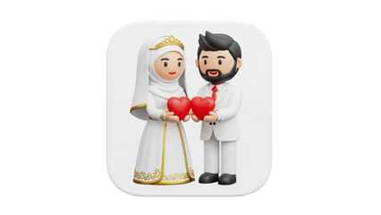 3D Muslim Couple Holding Hearts in Wedding Attire on transparent background