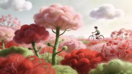 Dreamlike Landscape with Cloud Trees and Flowers