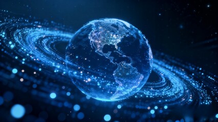 3D Render of Earth with Spiral Glowing Particles
