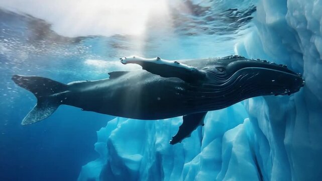 Humpback whale swimming near a colossal iceberg in frigid arctic waters