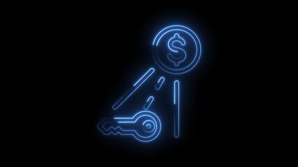 Glowing blue neon key and dollar coin icon on black background symbolizing financial success