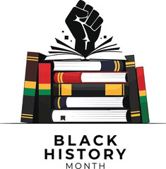 Black history month celebration with books and fist