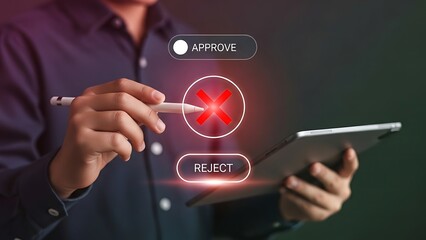 Businessman rejects approval on digital tablet, concept of business decision, denied request, and corporate rejection illustration. Professional, Male, Executive, Office, Workspace, Career, Success