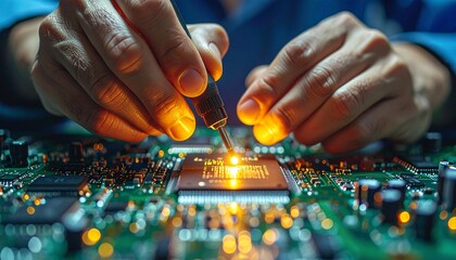 Close-up of human hands meticulously working on a green circuit board with a glowing tool, assembling electronic components.