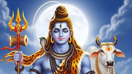 Lord Shiva with Trishul and Nandi - Hindu God of Destruction and Trans