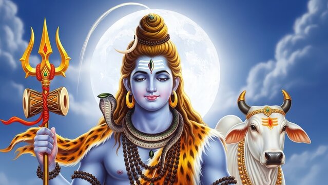 Lord Shiva with Trishul and Nandi - Hindu God of Destruction and Trans