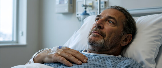Elderly man lying in a hospital bed with an IV drip on his hand. Senior male patient resting and looking up in a clinic room. Healthcare and recovery concept