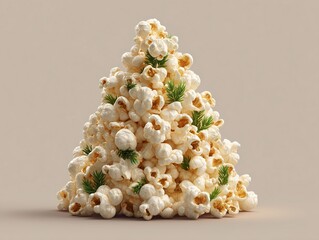 Creative Popcorn Christmas Tree with Pine Branch Decoration on Plain Background Minimalist Holiday Snack Food Art Concept for Festive Winter Season Celebration