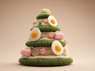Surreal gourmet food sculpture of noodle layers with boiled eggs and decorative pink rolls styled as abstract edible christmas tree for creative culinary concept