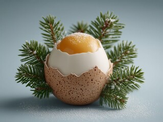 Creative Soft Boiled Egg Nestled in Fresh Pine Branches with Snowflakes Background Unique Winter Breakfast Concept and Minimalist Holiday Food Art for Christmas Season Celebration
