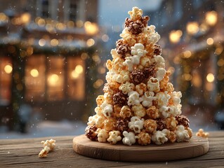 Gourmet Caramel Popcorn Christmas Tree on Wooden Platter with Cozy Winter Village Bokeh Background Creative Holiday Snack Food Art Concept for Festive Season Celebration
