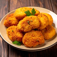 Close-up of crispy, golden-brown fried food on a beige plate