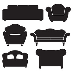 Collection of black silhouette icons featuring various styles of sofas, couches, and comfortable armchairs